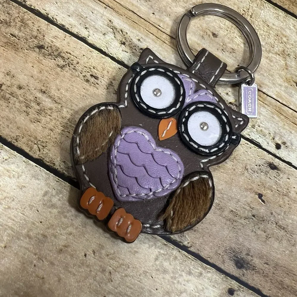 Coach Owl Animal Leather & Metal Key Chain Keyring Brown Purple Orange